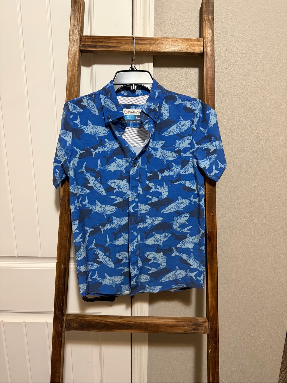 Magellan Outdoors Blue Shark Print Short Sleeve Button-Down